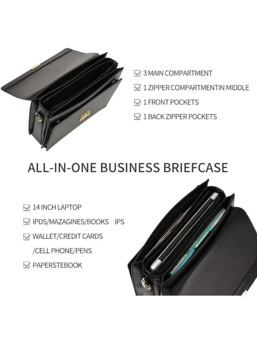 Stylish Black Leather Briefcase for Men | Locking Laptop Messenger Bag